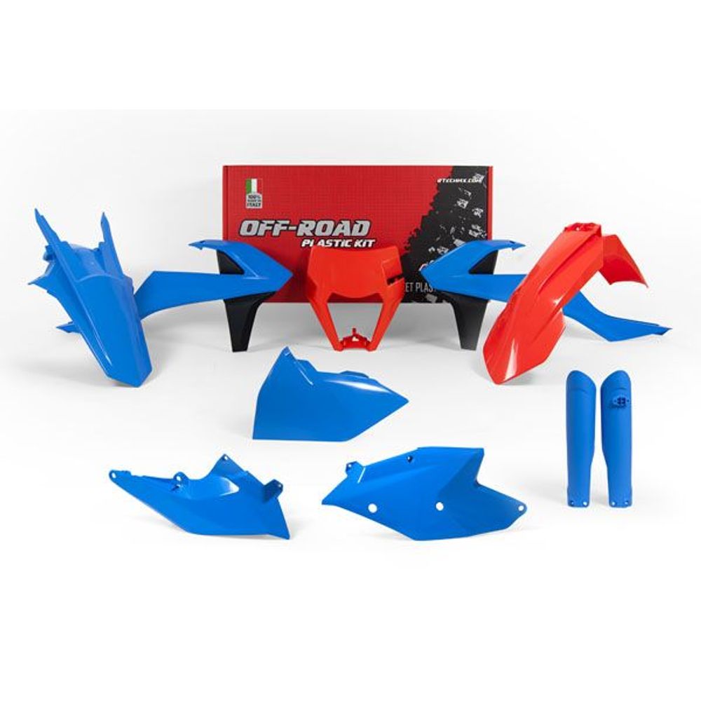 Plastics Kit 7 Pcs with Left Airbox Cover Headlight Plastic and Fork Protectors Light Blue-orange - Grafite Offroad