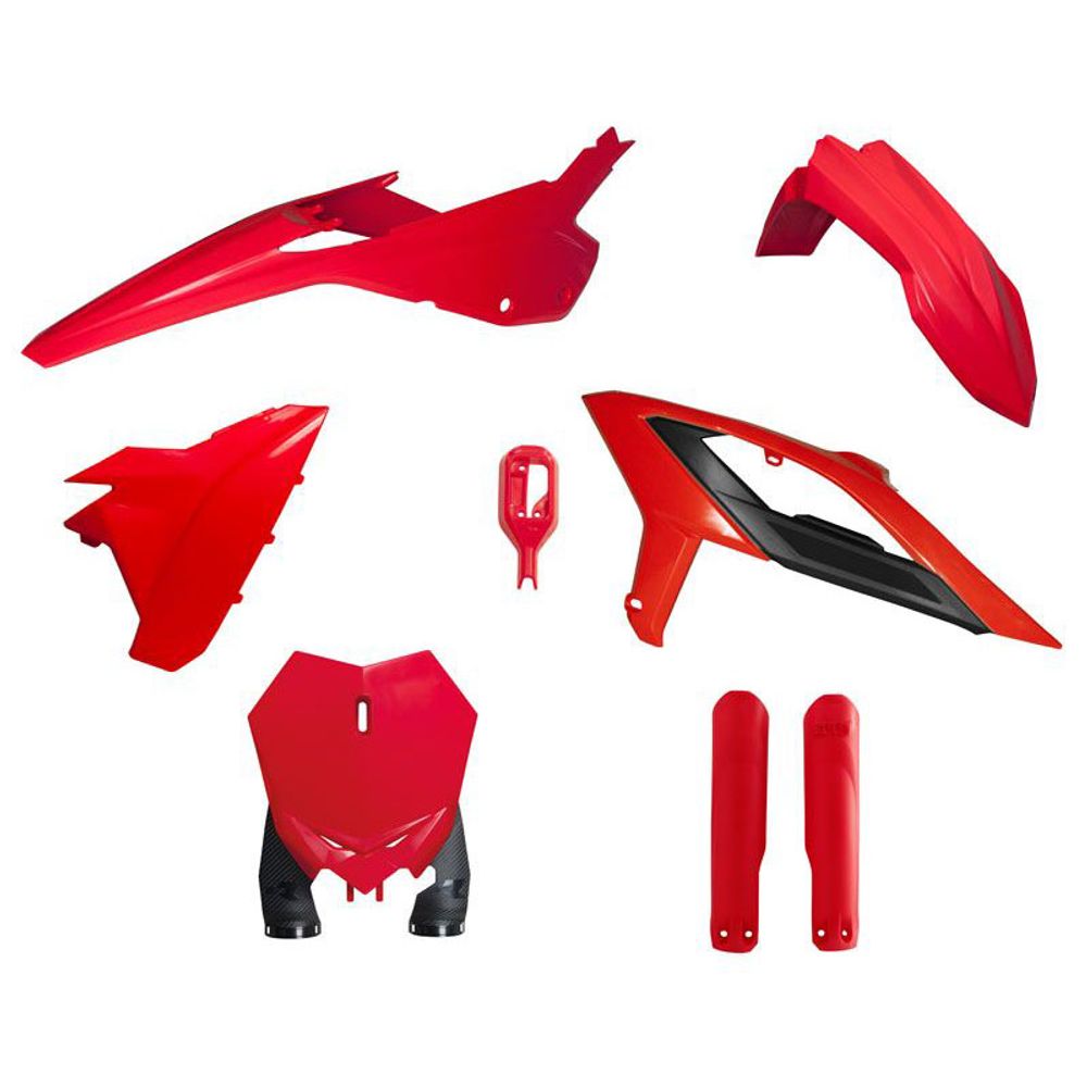 Motocross Full Plastic Kit 6 Pcs with Front Plate & Factory Wrap Fork Protectors Color Red Racetech