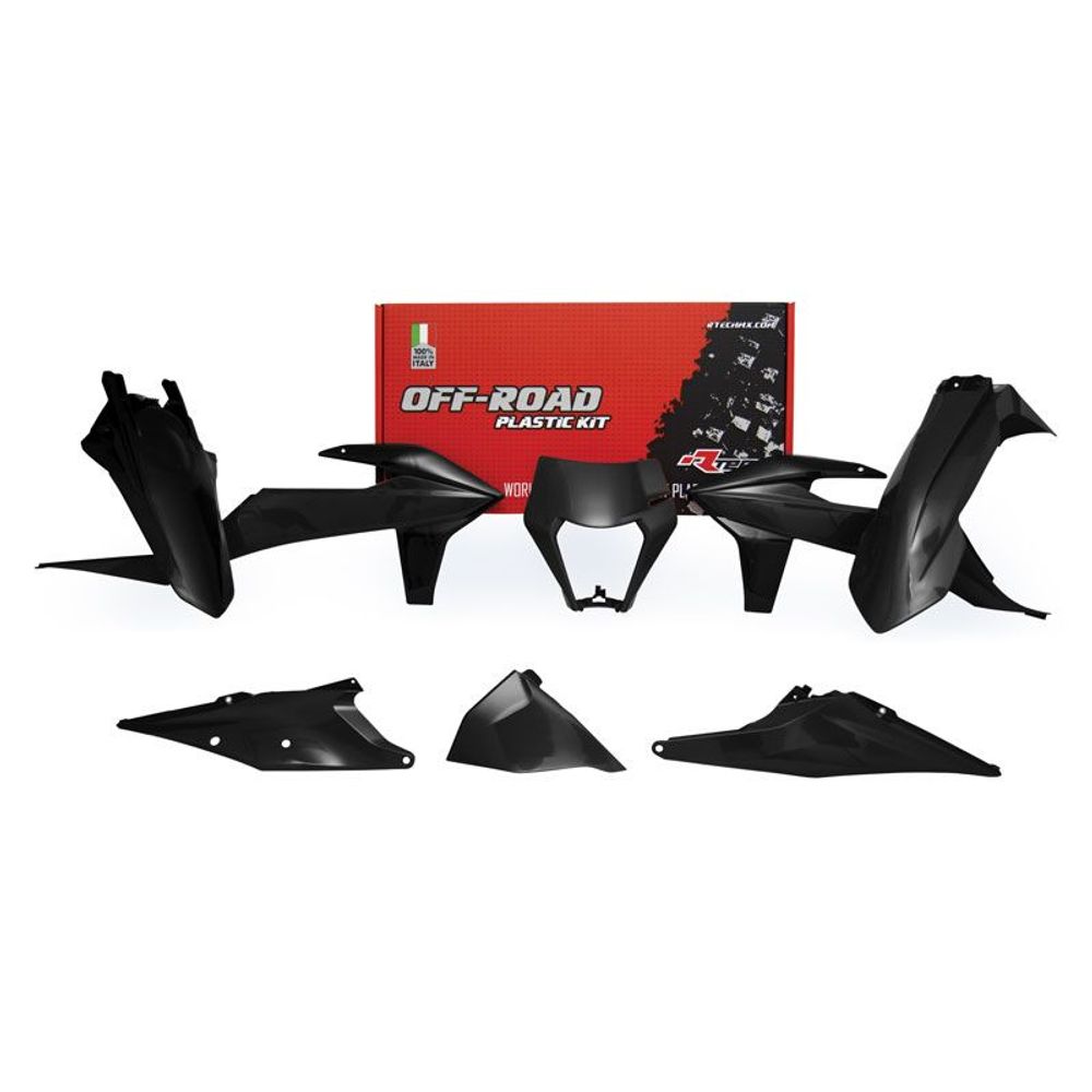 Plastics Kit 6 Pcs with Left Airbox Cover and Orange Headlight Plastic Black Color Replica Ktm - Grafite Offroad
