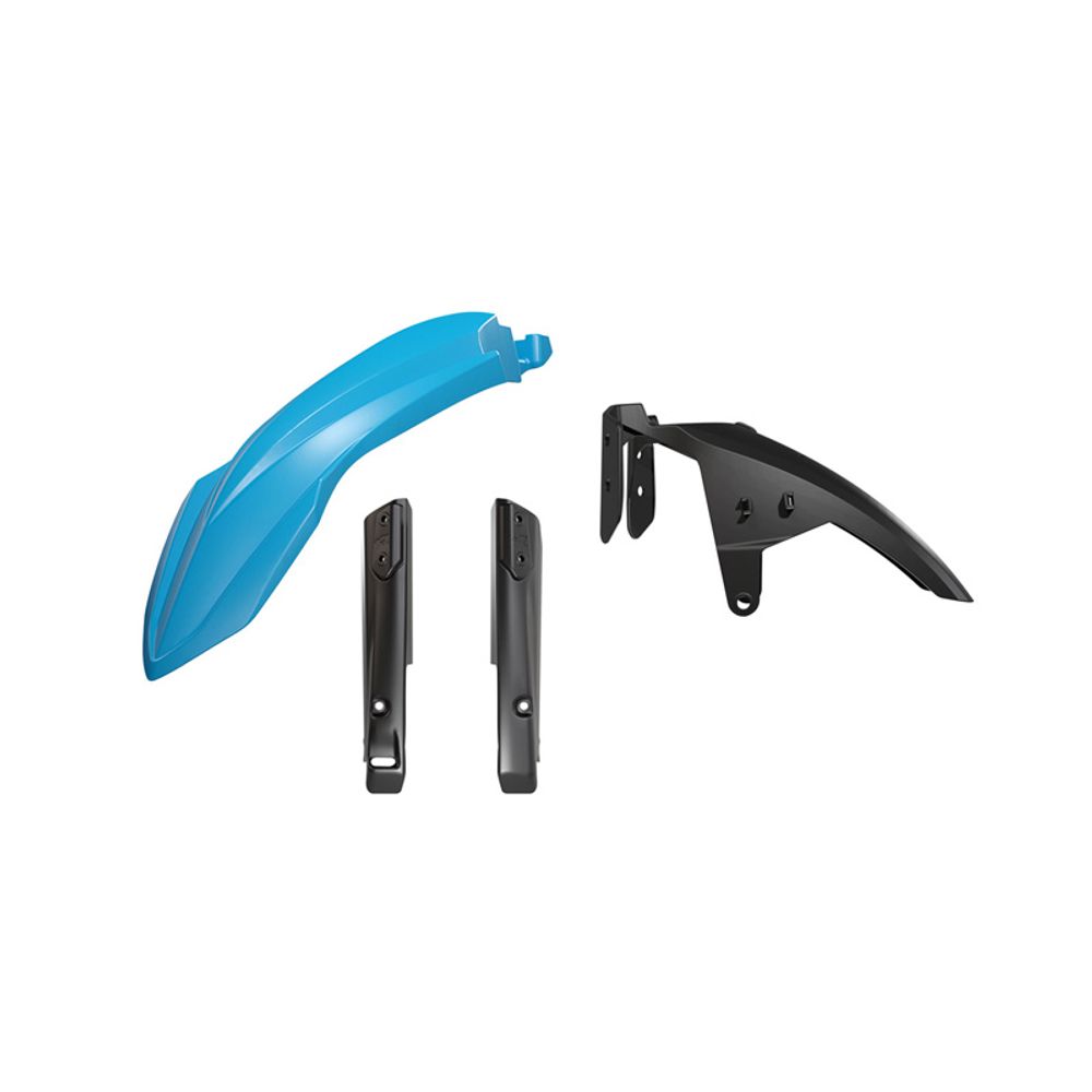 High Front Fender, Low Front Fender Rear Part Black, Fork Protectors Light Blue