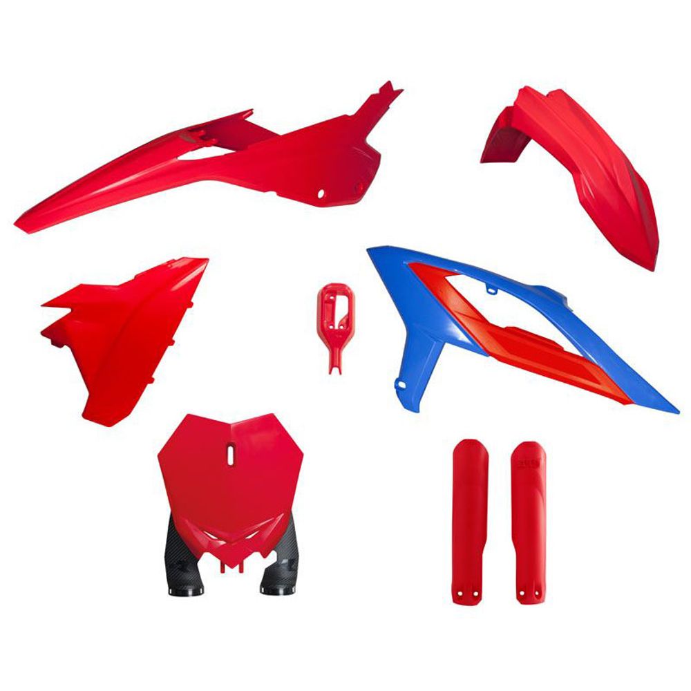 Motocross Full Plastic Kit 6 Pcs with Front Plate &amp; Factory Wrap Fork Protectors Color Red Blue - Grafite Offroad