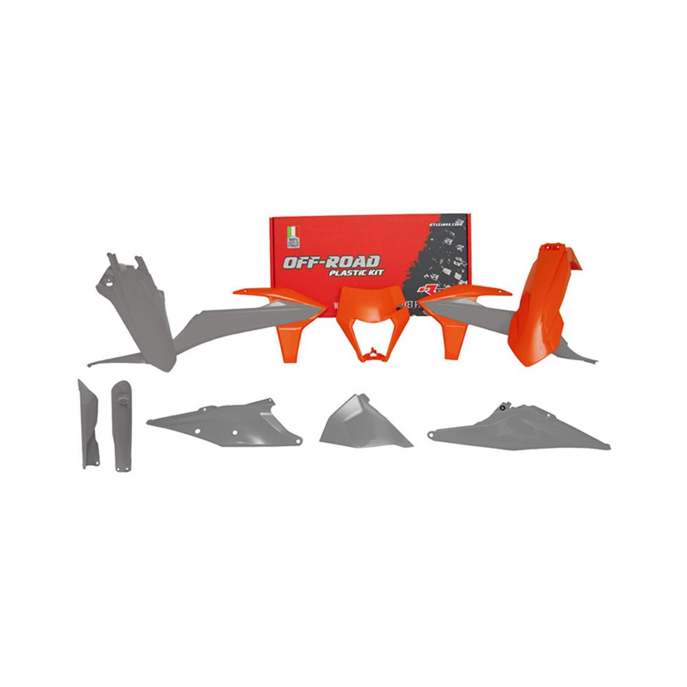 Kit Plastiche 7 Pezzi Con Coperchio Laterale Cassa Filtro E Mascherina Porta Faro E Parasteli Replica Ktm Grigio-Arancio