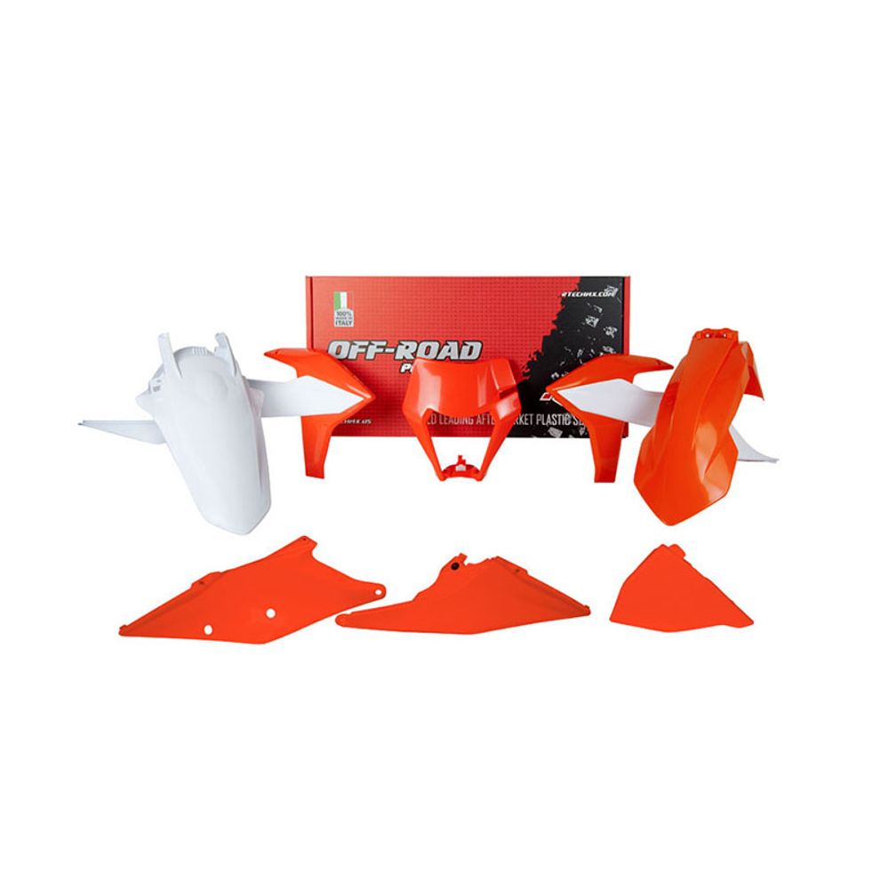 Kit Plastiche 6 Pezzi Con Coperchio Laterale Cassa Filtro E Mascherina Porta Faro Replica Ktm Arancione-Bianco