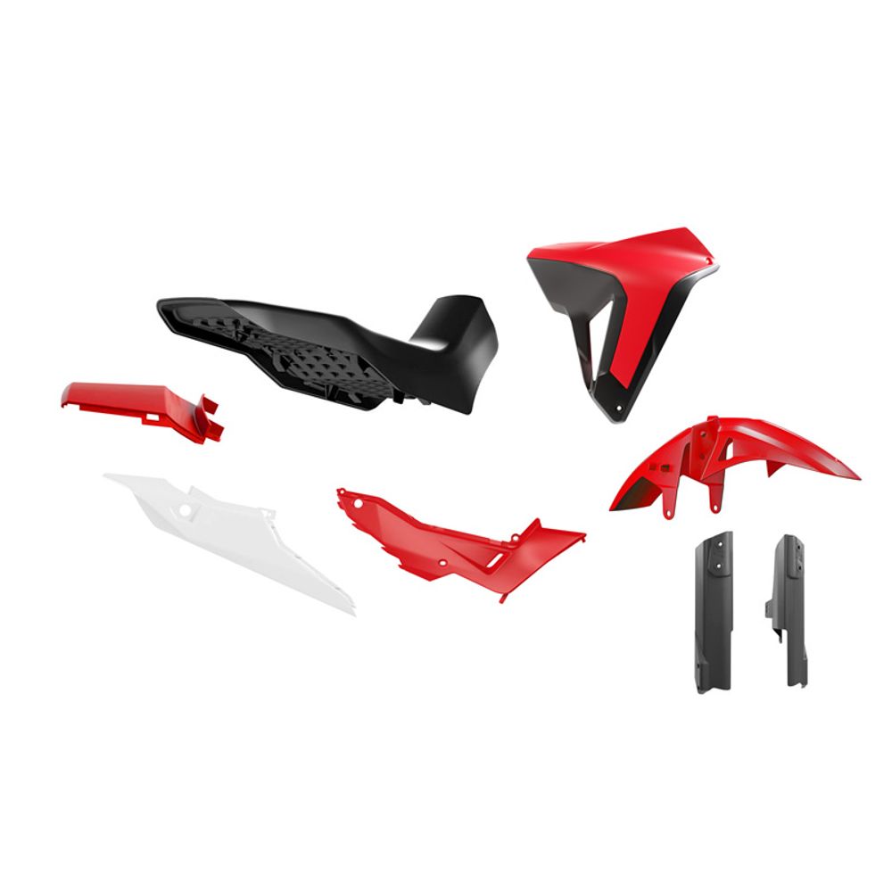 Red Front Fender, Black Fork Protectors, Red Rear Fender, Red/black Radiator Scoops, Red Central Number Plate Side Panels, White Rear Side Panels and Complete Seat Black