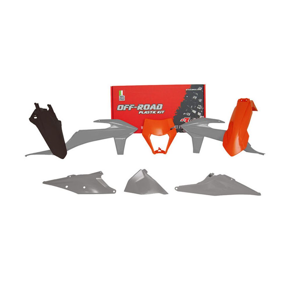 Kit Plastiche 6 Pezzi Con Coperchio Laterale Cassa Filtro E Mascherina Porta Faro Replica Ktm Arancione-Bianco