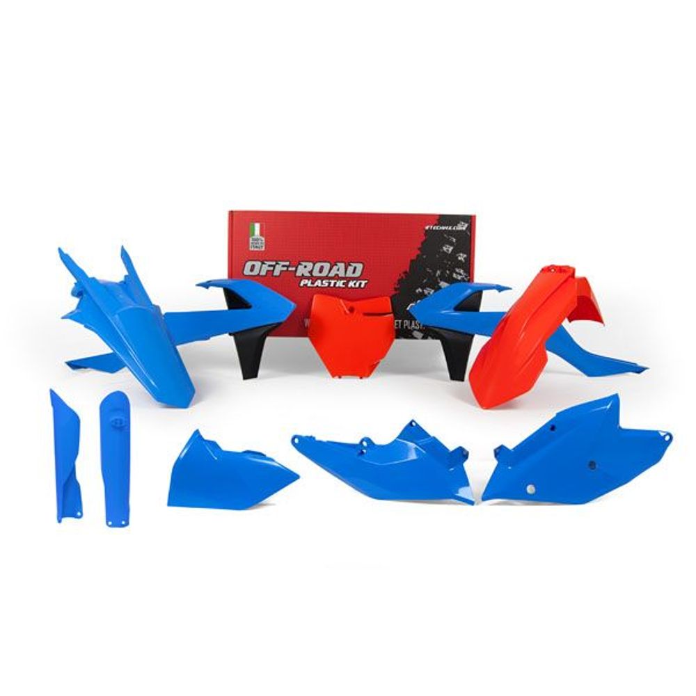 Plastics Kit 7 Pcs with Left Airbox Cover and Fork Protectors Light Blue-orange - Grafite Offroad