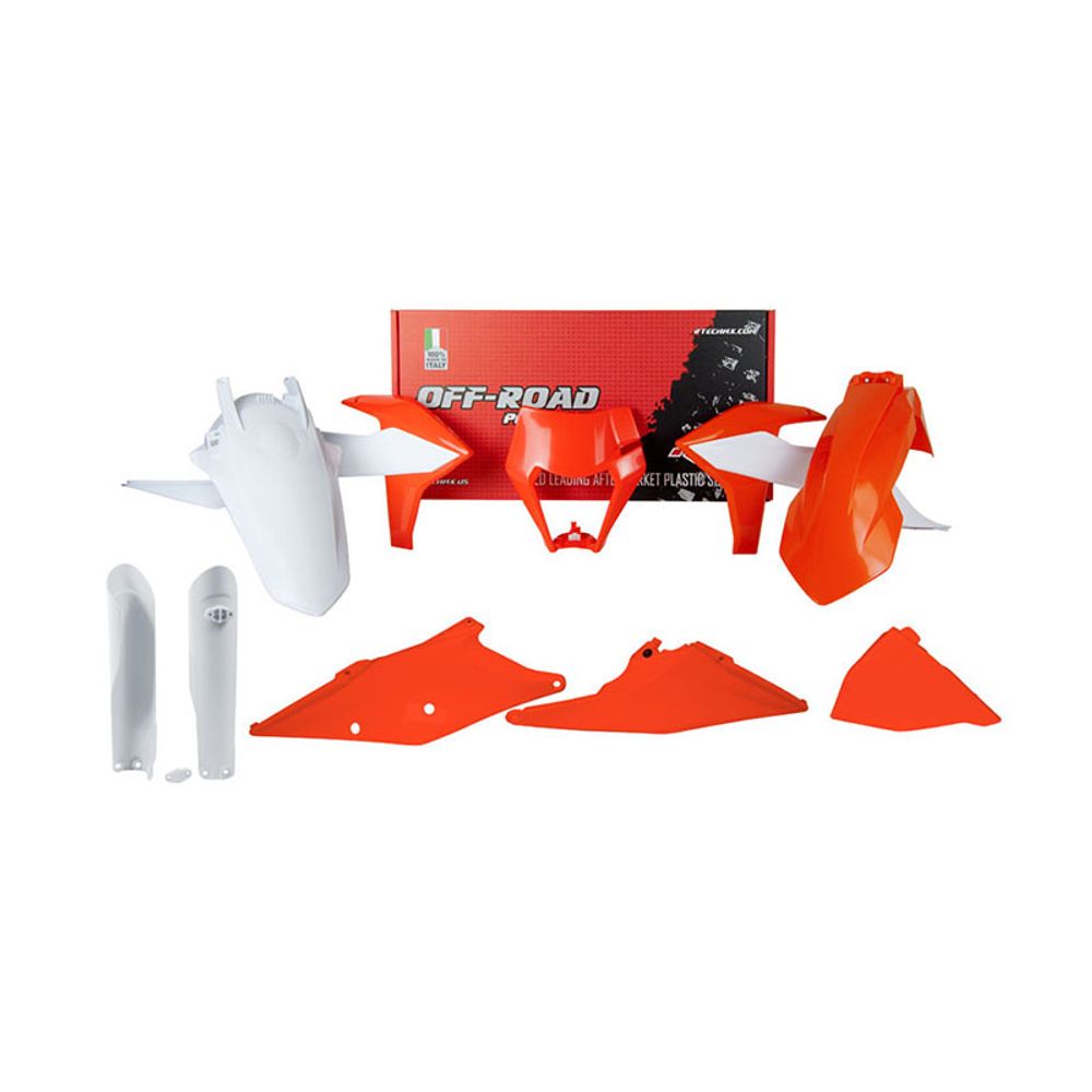 Kit Plastiche 6 Pezzi Con Coperchio Laterale Cassa Filtro E Mascherina Porta Faro E Parasteli Replica Ktm Arancio-Bianco